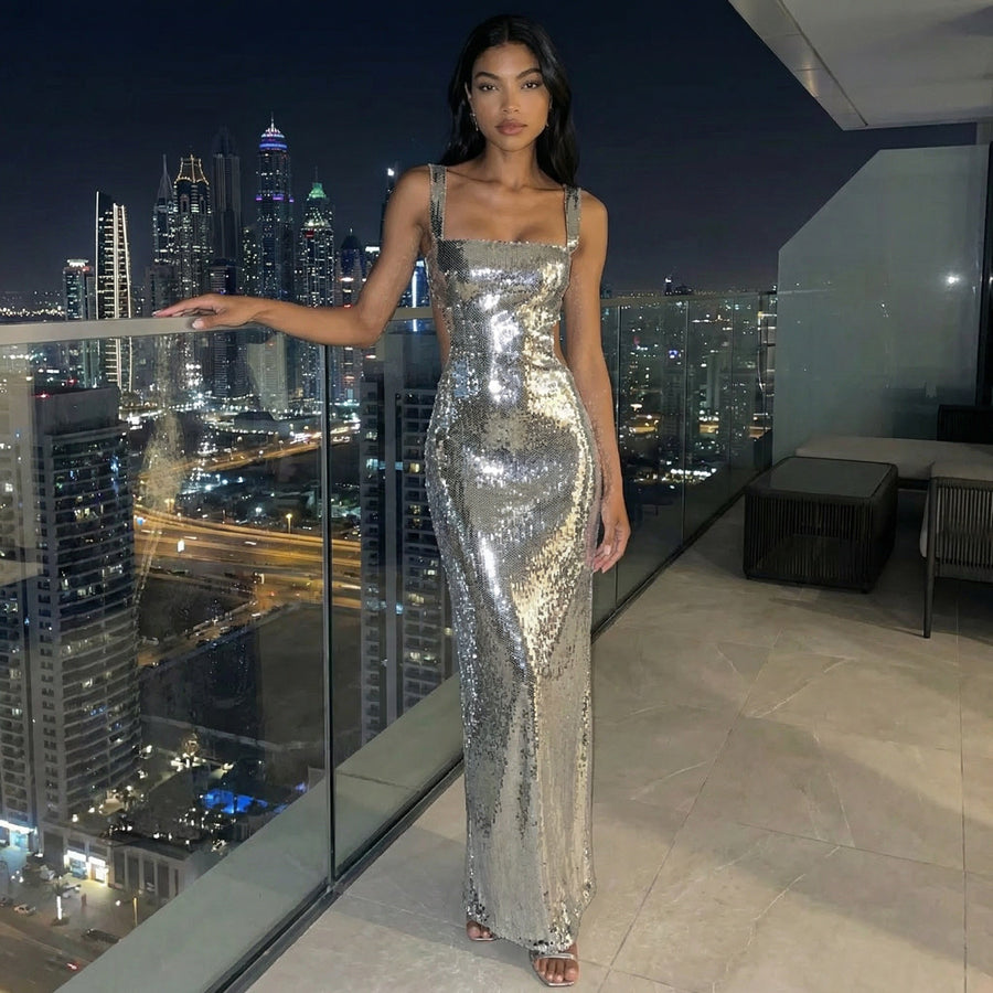 Zynara - Spaghetti Strap Shimmer Maxi Dress