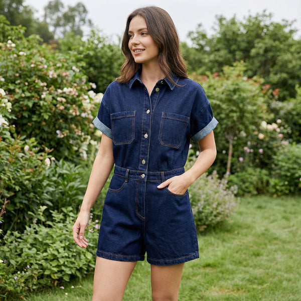 Denim Button-Up Jumpsuit - Dark Denim