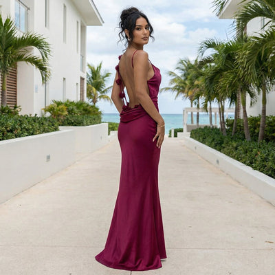Cassiane - Satin Maxi Dress with Flower Patchwork